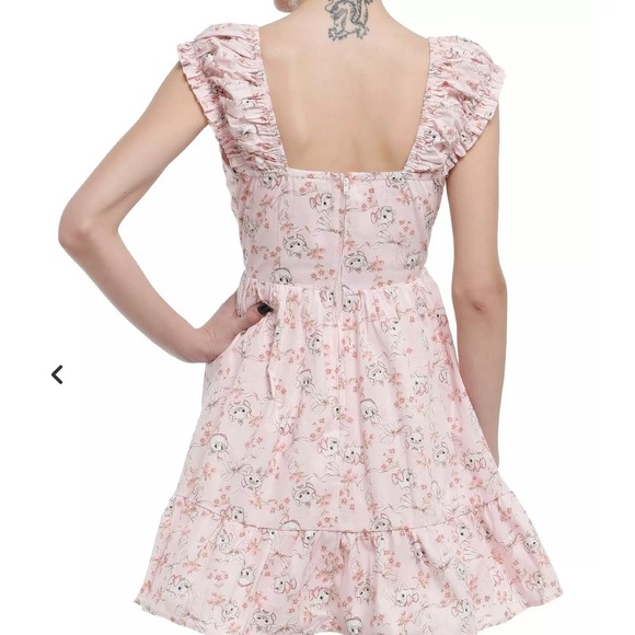 Disney Marie Aristocats Pink Floral Lace Up Corset Ruffle Cap Sleeve Dress LG - Picture 3 of 8